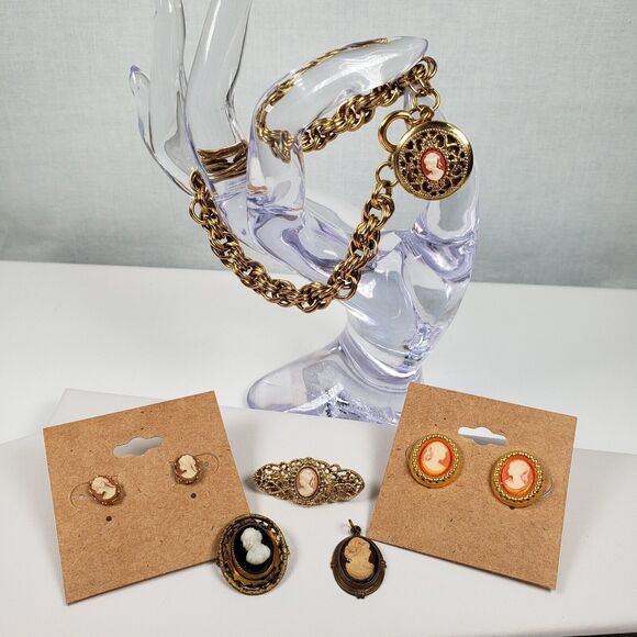 Vintage Victorian Lady Cameo Lot Bracelet Earrings Pendant Brooch Pin Gold Tone - Picture 4 of 15